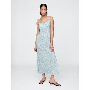 GAP Women's Medium Light Blue Floral Ruffle Trim‎ Slip Dress Sleeveless Midi